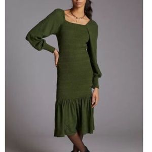 NWT Anthropologie Moss Green Smocked Puff-sleeved Midi Dress Sz XL